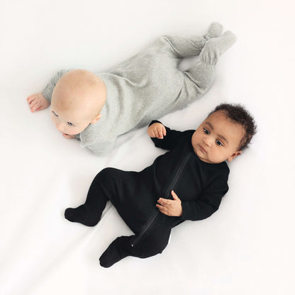 Elegant Dove Grey Zip Sleepsuit for toddlers, designed by DreamBuy, featuring fold-over mitts and boots for added warmth.