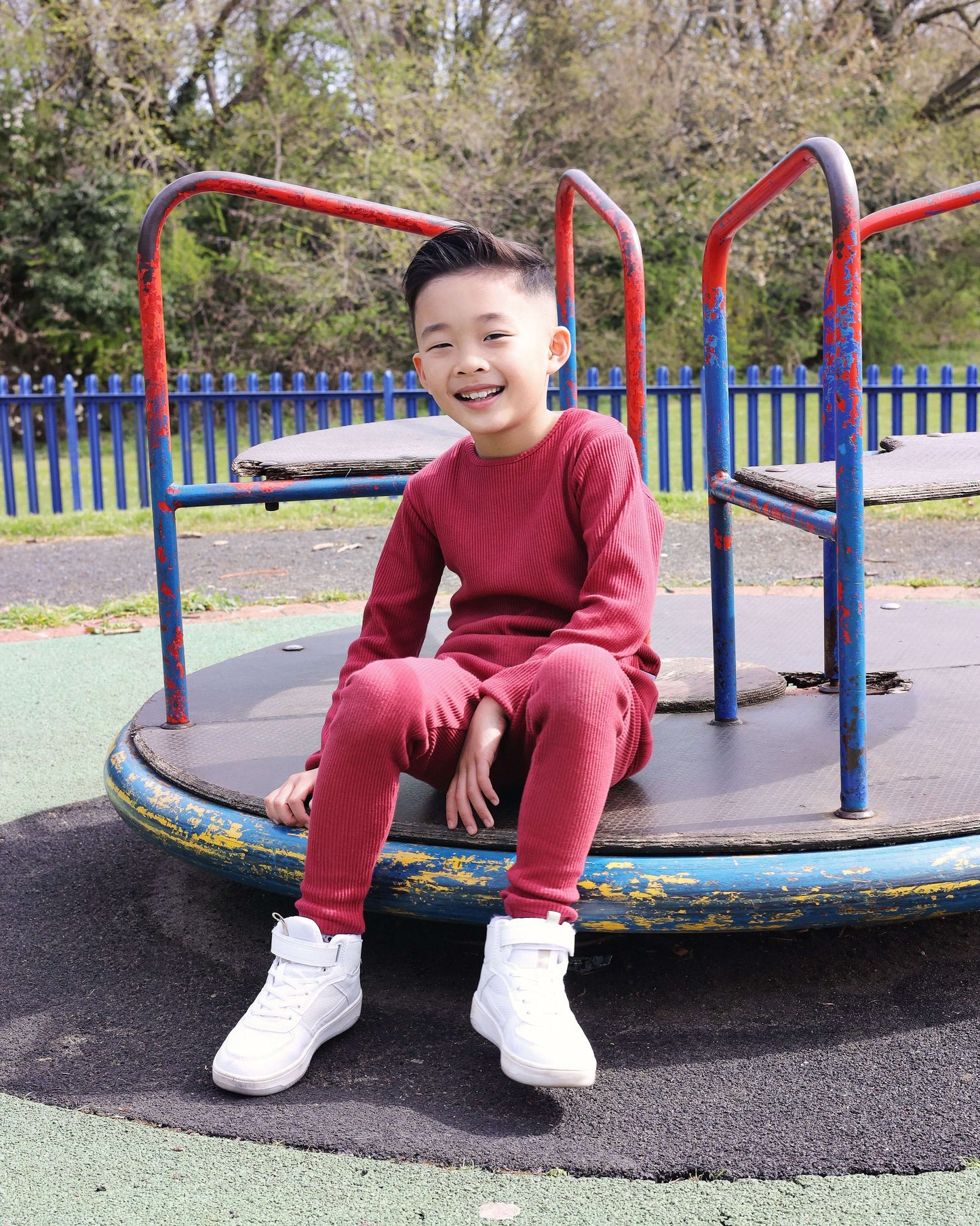 Luxury family matching Christmas pyjamas in claret red by DreamBuy, featuring soft ribbed fabric, available in sizes from 3 months to XXL.