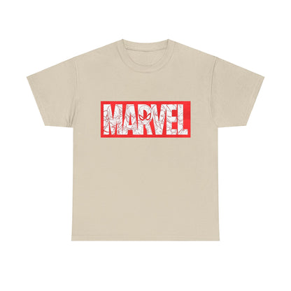 Luxury unisex 'MARVEL' graphic tee displayed in a soft beige tone, featuring bold red typography with intricate superhero outlines, ideal for fans seeking comfort and style.