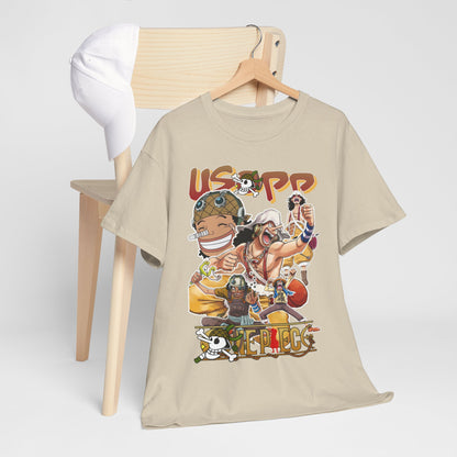 Lavish Usopp t-shirt draped over a chair next to a stylish white cap, reflecting a trendy and youthful anime style.