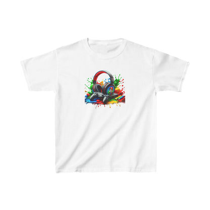 Unisex Children's Gaming Graphic Cotton Tee in White displaying vibrant gaming headphones with splashes of colour - Ultimate Comfort & Style.
