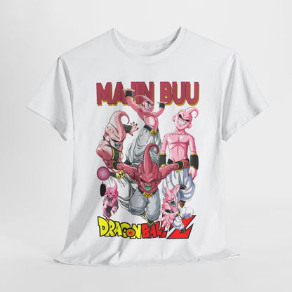 Elegant Majin Buu T-shirt featuring vibrant pinkish-purple characters in dynamic poses, embellished with striking 'MAJIN BUU' and 'DRAGON BALL Z' typography on a pristine white background.