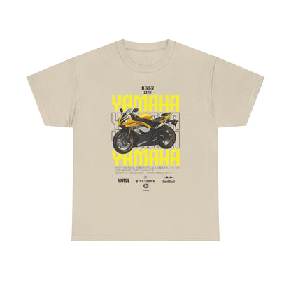 Chic beige YAMAHA YZF-R6 biker life T-shirt highlighting a powerful motorcycle illustration accompanied by bold yellow lettering, ideal for a refined look.