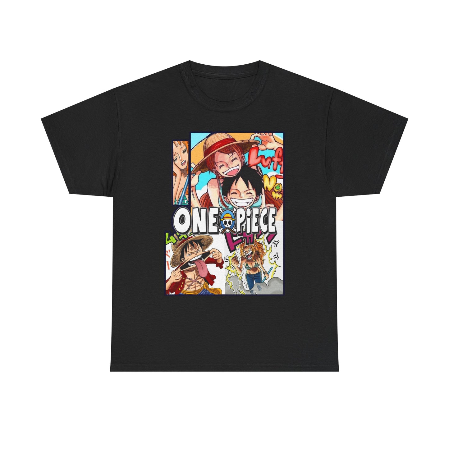 Sophisticated black One Piece manga-inspired men's t-shirt featuring a dynamic character collage, perfect for those who express their passion for anime.