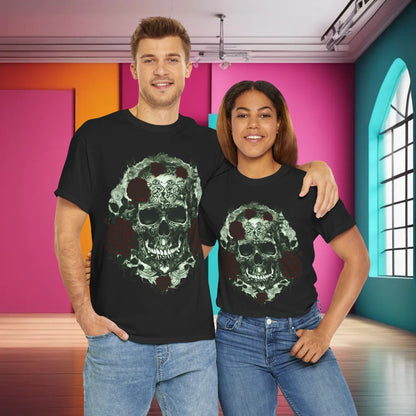 Couple wearing the Skulls and Roses Cotton Tee, representing the unisex appeal of this graphic shirt with a unique skull and rose motif.