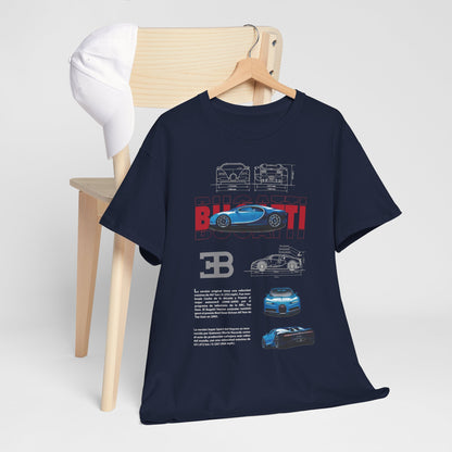 Bugatti Chiron Men's T-Shirt displayed on a wooden hanger, adorned with technical drawings and elegant branding, radiating luxury and automotive passion in a modern aesthetic.