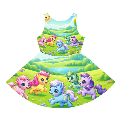Lacey Primrose Girls Sundress by Dazzling Dreams Studio featuring a vibrant pony print skirt, perfect for toddler summer fashion.