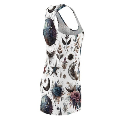 Side view of the Chic Women's Designer Racerback Dress with intricate celestial patterns, ideal for fashionable summer outings.
