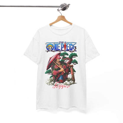 Luxurious white t-shirt displayed on a hanger featuring Chopper from One Piece in an eye-catching design with bright floral details, perfect for adding flair to any casual outfit.