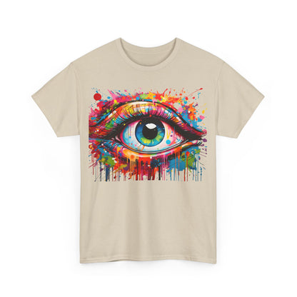 Artistic beige unisex t-shirt featuring a vibrant graphic of an eye with colourful paint splashes, merging creativity with contemporary fashion.