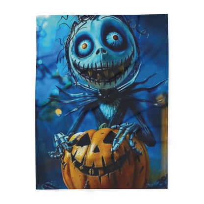 Decorative and Warm Halloween Skellington Spooky Arctic Fleece Blanket with a delightful skeleton figure and pumpkin, blending seasonal charm with luxury comfort.