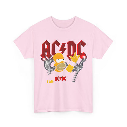 Homer Rock & Roll Unisex Cotton Tee Graphic T Shirt featuring a vibrant graphic of Homer Simpson in a rebellious rock pose with AC/DC branding, set against a soft pink backdrop.