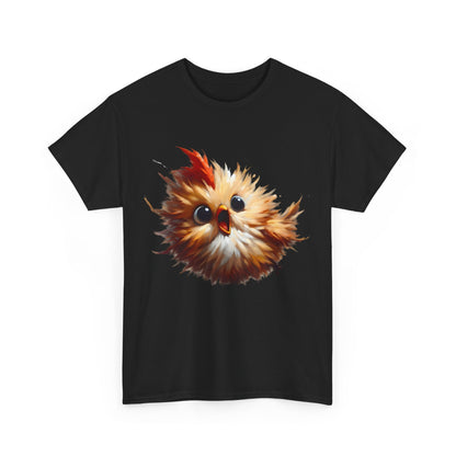 Luxurious black cotton T-shirt featuring a vibrant cartoon bird illustration, evoking playful energy and joy.