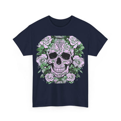 Front view of the Skulls and Roses Cotton Tee showcasing an intricate graphic design with skulls entwined with roses, emphasising alternative fashion.