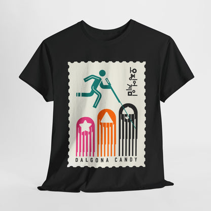 Premium black graphic t-shirt with a Dalgona candy design, featuring vibrant pastel geometric shapes and a stylised figure, ideal for fans of trendy streetwear.