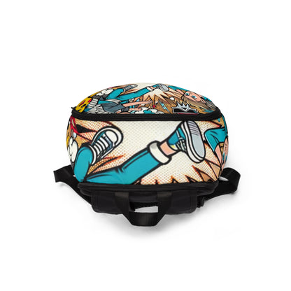 Vibrant Pop Art Fusion Backpack by Dazzling Dreams Studio featuring a playful cartoon design intertwined with sophisticated style, ideal for fashion enthusiasts and trendsetters.