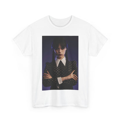Front view of an elegant unisex graphic tee shirt featuring a haunting design inspired by 'Wednesday: Embrace the Dark Elegance'. The shirt displays a striking image of Wednesday Addams in her gothic style.