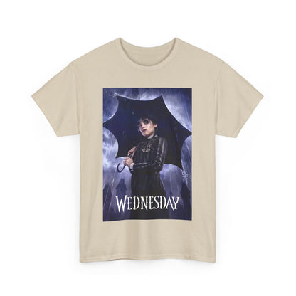 Front view of the striking 'Wednesday' Embrace the Dark Elegance Graphic Unisex Tee Shirt in beige, featuring an artistic graphic of Wednesday Addams under a dark umbrella with gothic highlights.