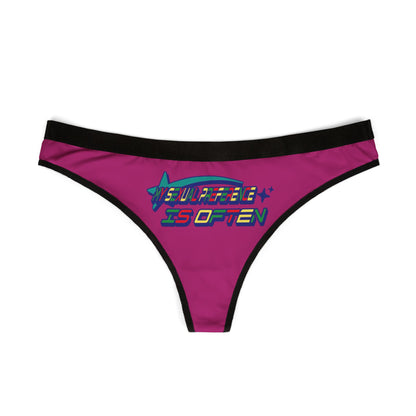 Elegant thong panties displayed flat in a rich pink colour, featuring bold lettering 'MY SEXUAL PREFERENCE IS OFTEN' against a black waistband, ideal for luxurious lingerie collections.