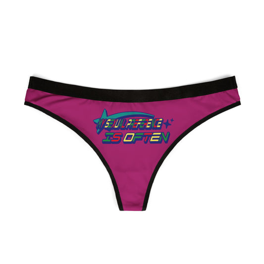Elegant thong panties displayed flat in a rich pink colour, featuring bold lettering 'MY SEXUAL PREFERENCE IS OFTEN' against a black waistband, ideal for luxurious lingerie collections.