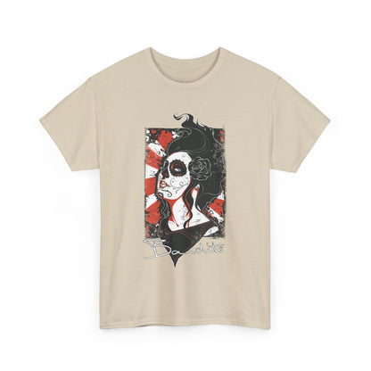 Stylish beige men's t-shirt adorned with a vibrant Sugar Skull graphic, blending contemporary art with traditional aesthetics for a striking look.
