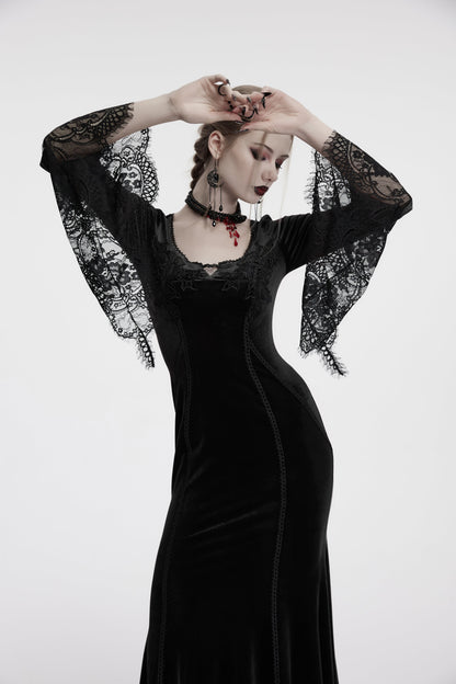 Punk Rave Isolde Black Velvet Dress showcasing intricate rose embroidery at the neckline, highlighting gothic elegance.