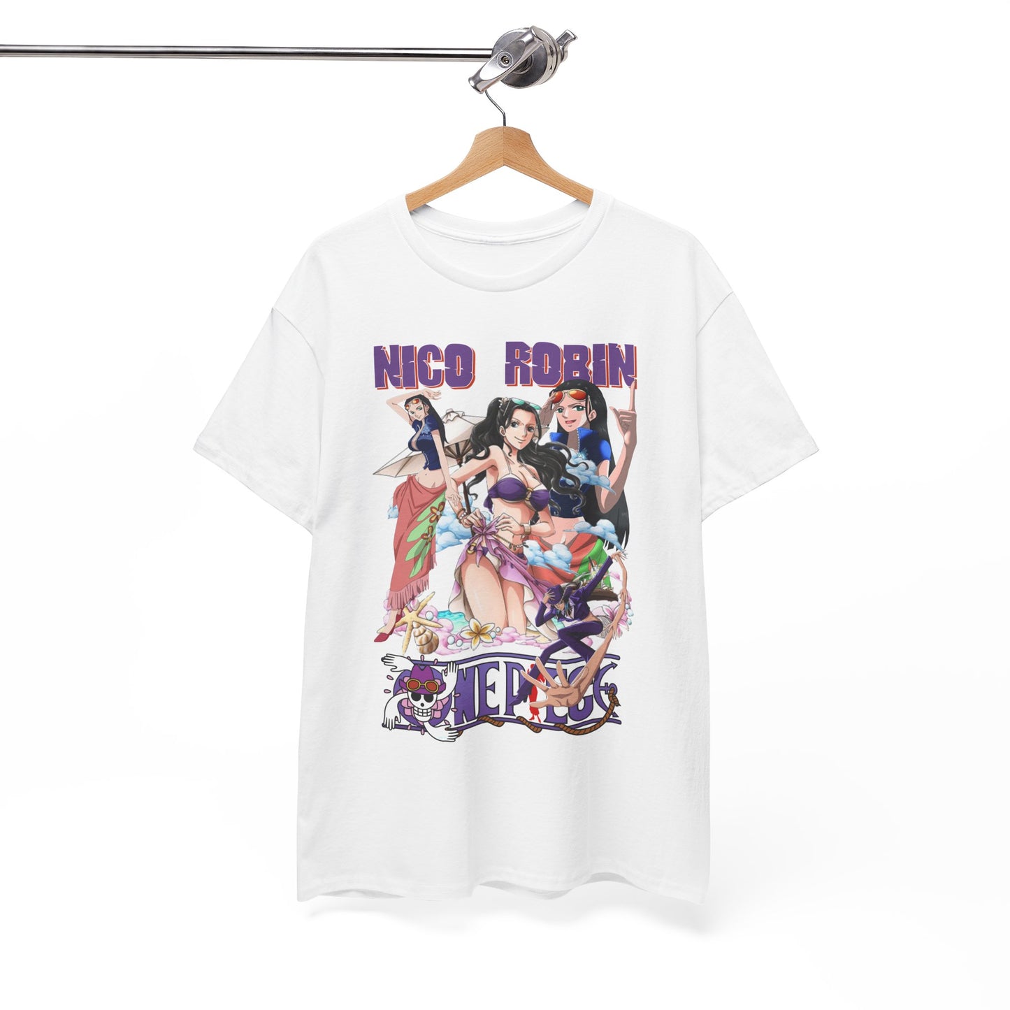 Chic white t-shirt hanging elegantly, adorned with a stunning anime design featuring Nico Robin, ideal for stylish casual wear.