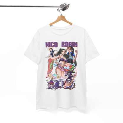 Chic white t-shirt hanging elegantly, adorned with a stunning anime design featuring Nico Robin, ideal for stylish casual wear.