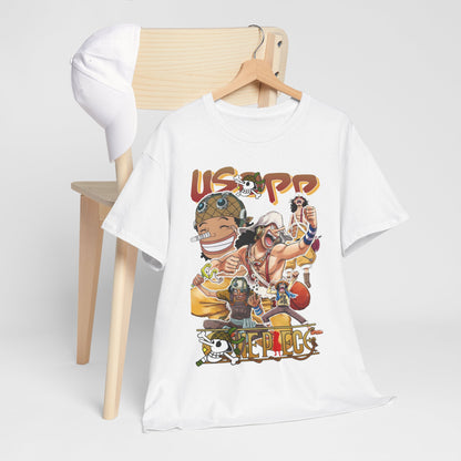 Chic composition of an Anime Manga T-shirt with vibrant Usopp graphic, elegantly arranged on a hanger beside a cap, symbolising casual elegance.