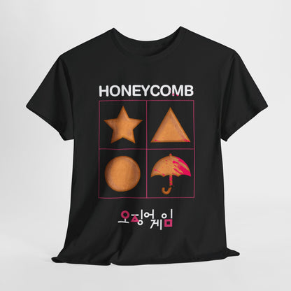 Squid Game Unisex Men's Women's Graphic Cotton Funny T Shirt Tee featuring iconic shapes from the series on a classic black background.