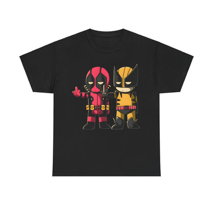 Deadpool and Wolverine Humorous Graphic Unisex Tee Shirt in black featuring chibi-style graphics of the iconic characters.