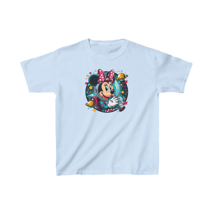 Elegant Child’s Blast Off with Minnie Mouse Unisex Graphic Tee Shirt Kids in soft blue, featuring a delightful Minnie Mouse graphic amidst stars and planets, ideal for fashionable playdates.