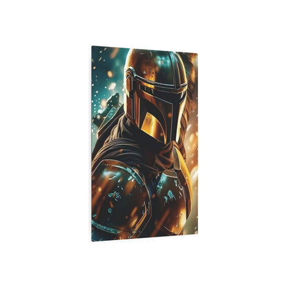 Showcase of the Mandalorian Star Wars Metal Art Poster from an artistic angle, emphasizing its stylish design and luxurious appeal.