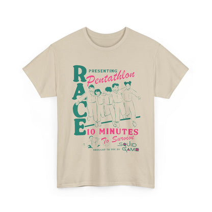 Chic unisex cotton t-shirt with an artistic Squid Game pentathlon design, highlighted by charming character illustrations and striking colours, ideal for a fashionable, trendy look.