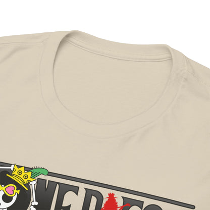 Close-up of a luxurious beige shirt collar and neckline, featuring a unique 'One Piece' logo and graphics, designed for anime aficionados seeking style and comfort.