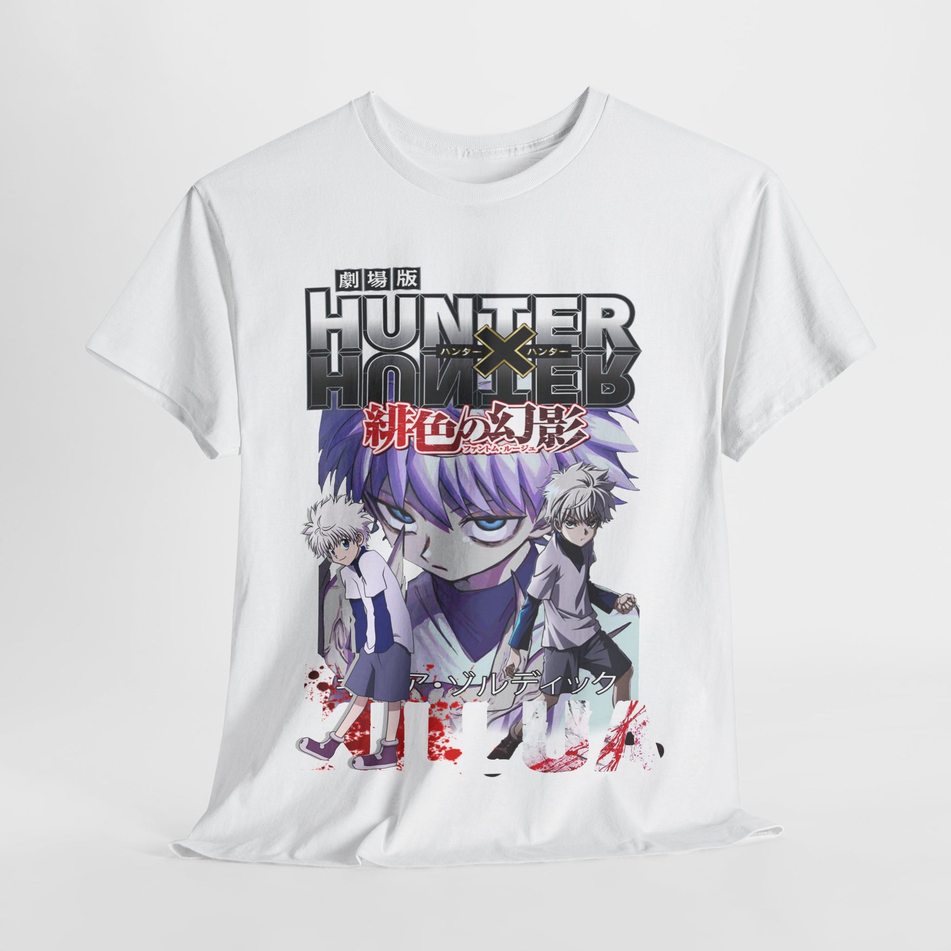 Striking Hunter x Hunter graphic T-shirt displayed flat, highlighting dramatic colour contrasts and captivating character illustrations, a statement piece for any anime lover.