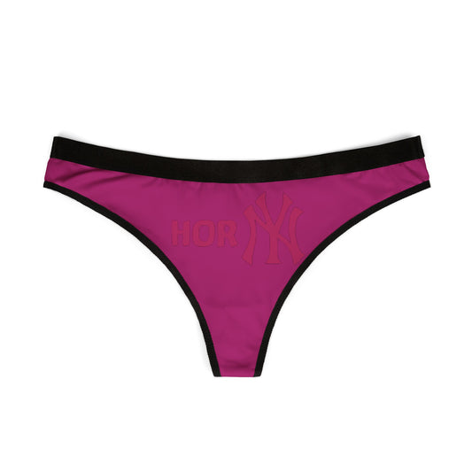 Front view of luxurious fuchsia thong panties featuring the 'Horny' logo in a stylish sporty font, perfect for combining elegance with playful cheekiness.