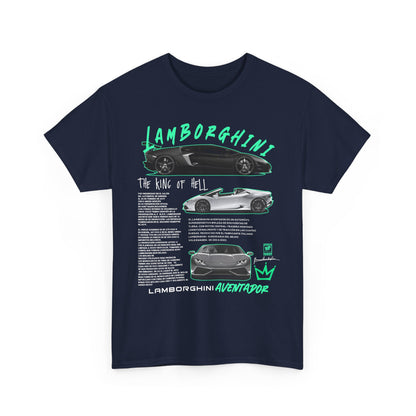 Elegant navy blue men's t-shirt design with Lamborghini Aventador artwork, featuring bold text and detailed illustrations of the car, perfect for automotive enthusiasts.