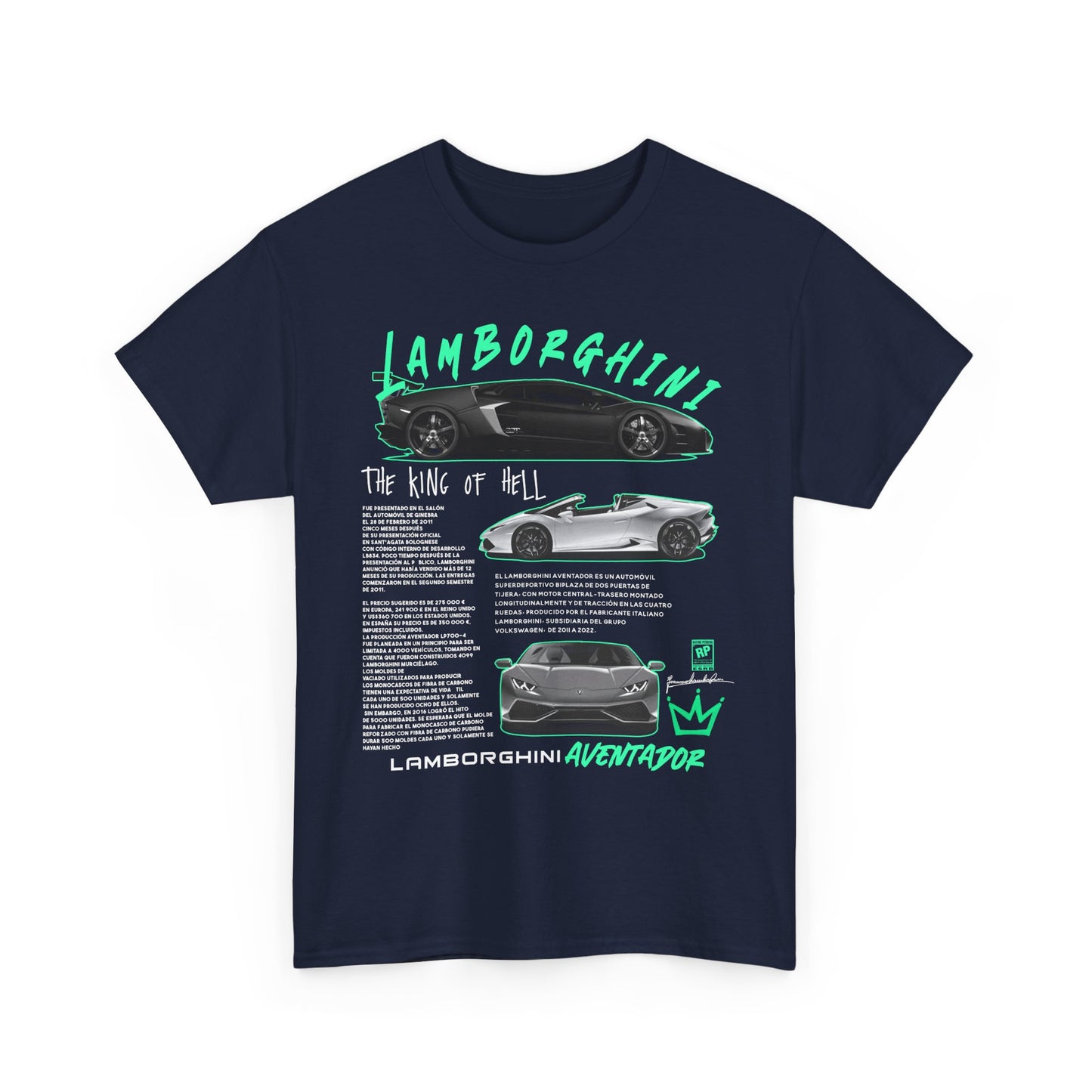 Front view of a premium navy t-shirt featuring a striking Lamborghini Aventador graphic with the text 'The King of Hell', celebrating automotive artistry.