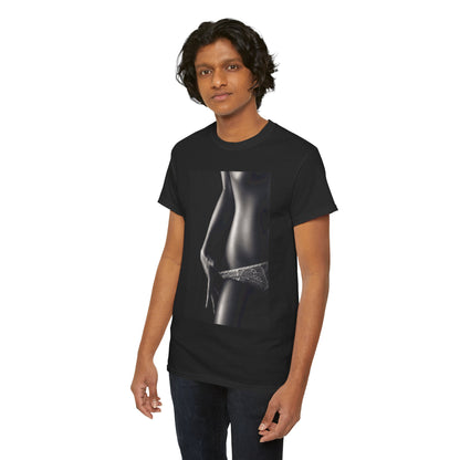 A male model showcasing a contemporary black t-shirt featuring a striking grayscale image of a woman's form, blending style with cheeky charm.
