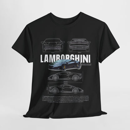 Front view of a stylish black T-Shirt featuring the Lamborghini Huracán technical drawing, perfect for showcasing automotive passion.