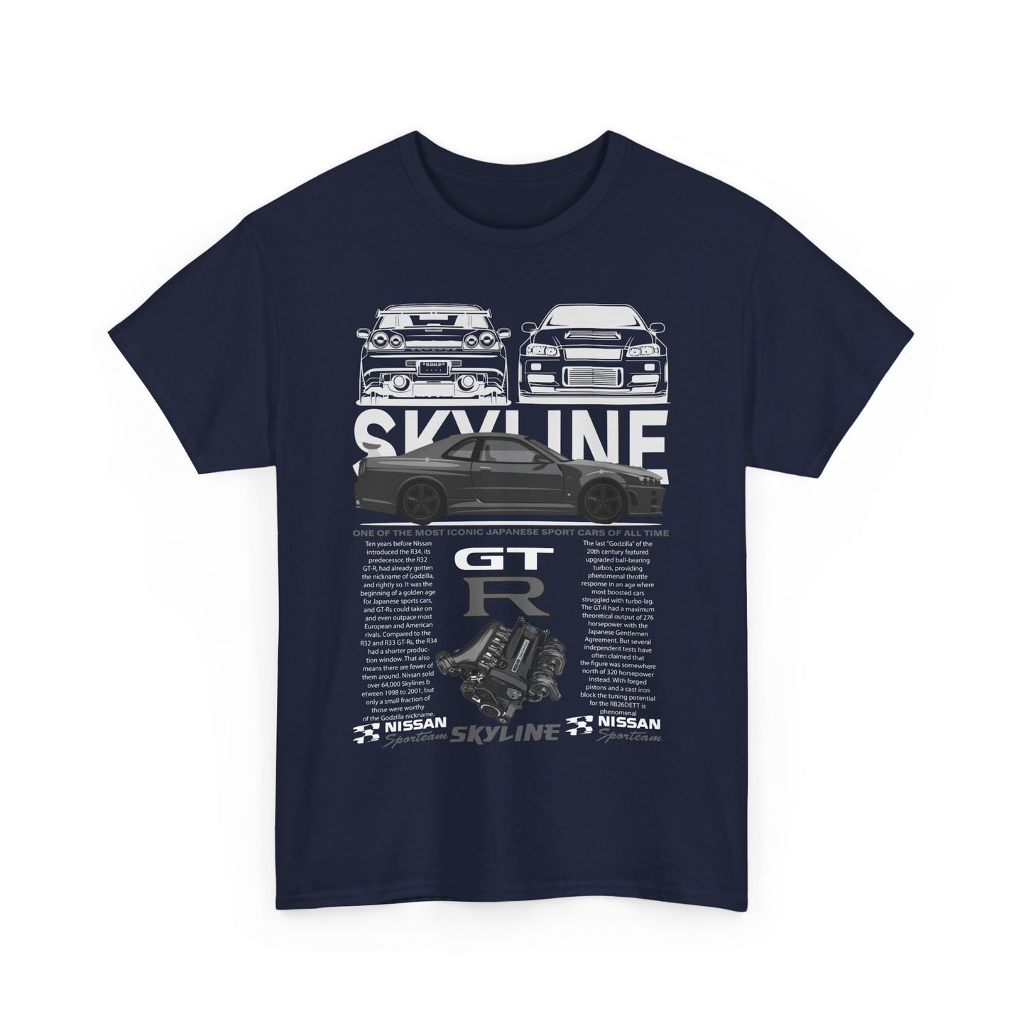 Men's navy blue Nissan Skyline GT-R graphic t-shirt, displaying iconic sports cars and GT-R engine details, ideal for true car aficionados.