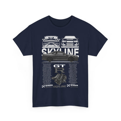 Men's navy blue Nissan Skyline GT-R graphic t-shirt, displaying iconic sports cars and GT-R engine details, ideal for true car aficionados.