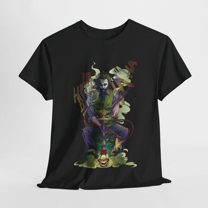 Joker Hookah Graphic T-Shirt Urban Unisex Cotton Tee featuring a stylized illustration of the Joker in vibrant colours, relaxing with a hookah. This luxury tee embodies whimsy and charm, perfect for comic book enthusiasts.