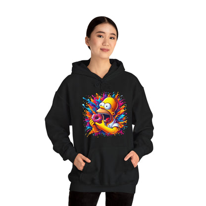 Unisex Urban Homer’s Hungry Delight Graphic Lightweight Hooded Sweatshirt displayed on a model highlighting vibrant printed design of Homer Simpson enjoying a donut against a dynamic splash of colours.