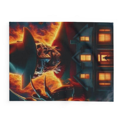 Decorative and Warm Halloween Freddy Krueger Spooky Arctic Fleece Blanket featuring a dramatic perspective of Freddy Krueger and a glowing house, perfect for adding a touch of elegance to Halloween festivities.