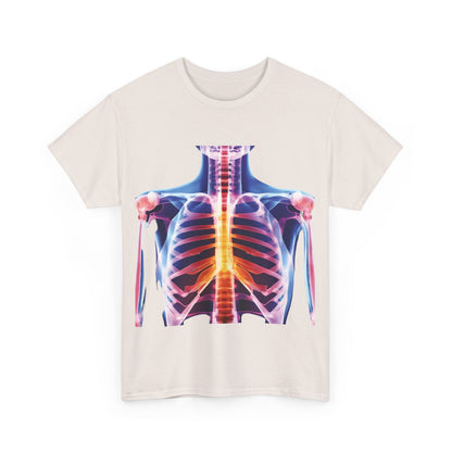 Front view of a pale Xray Graphic T-Shirt with a striking skeletal illustration, merging comfort with style.