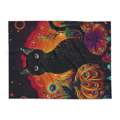 Detailed view of the Decorative and Warm Halloween Spooky Arctic Fleece Blanket highlighting vibrant patterns of a black cat and pumpkins set against a celestial backdrop.