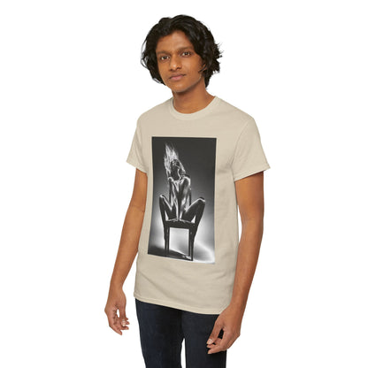 Male model in a luxurious Pure Allure graphic t-shirt featuring an elegant black and white illustration, showcasing confidence and style.
