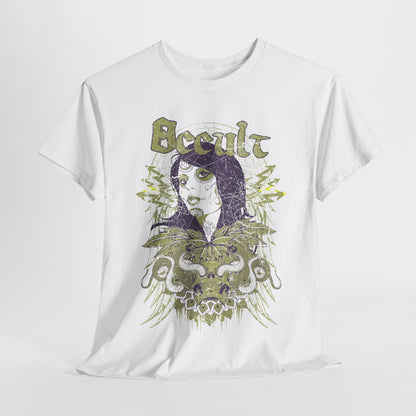 Sophisticated white graphic t-shirt on a minimalistic backdrop, featuring a captivating Day of the Dead skull design with whimsical elements and elegant styling.